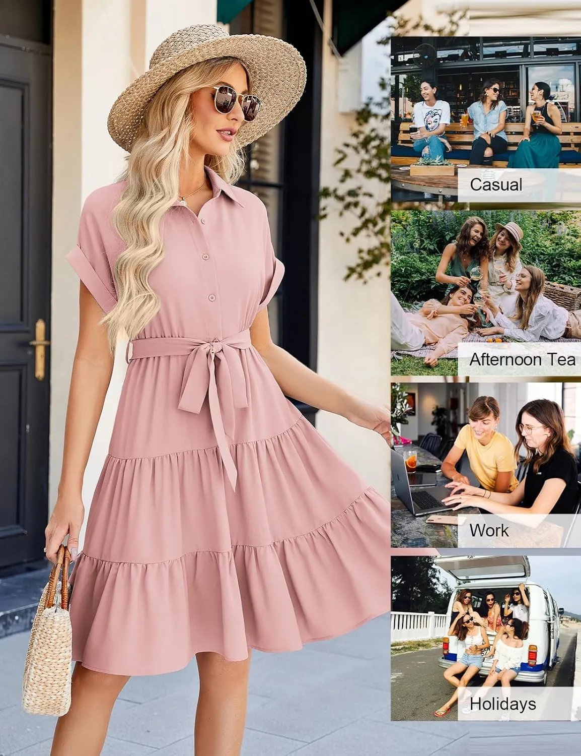 JASAMBAC Women's Button Down Shirt Dress 2025 Casual Work Summer Collared V Neck Elastic Waist Flowy Pocket Beach Sundress