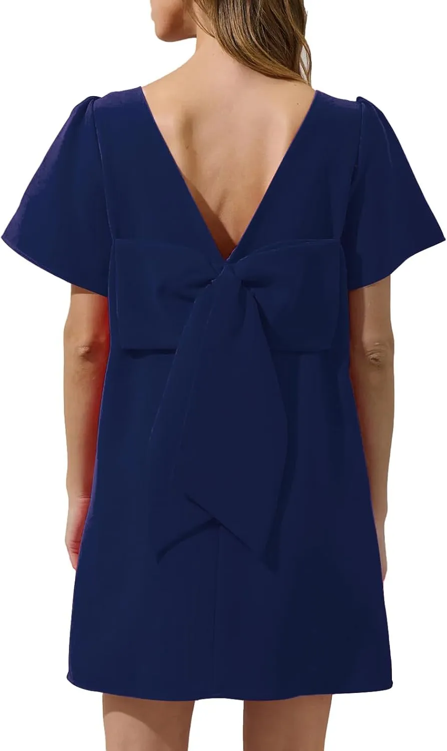 Kedera Women's Casual Mini Bow Dress Crew Neck Short Sleeves Loose Dresses Swing Solid Shift Dress with Pockets