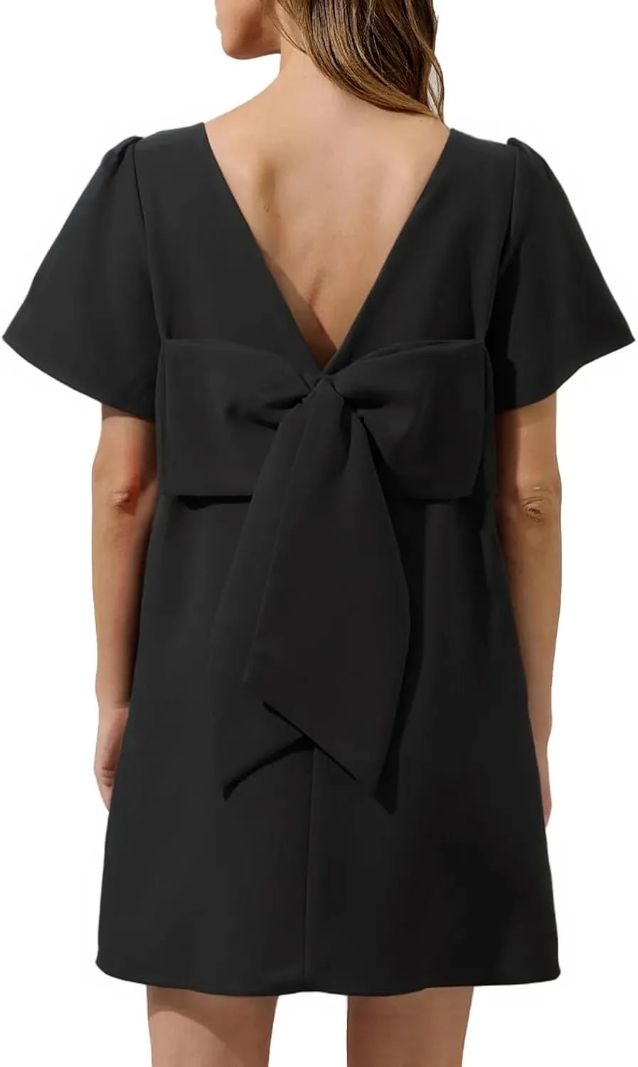 Kedera Women's Casual Mini Bow Dress Crew Neck Short Sleeves Loose Dresses Swing Solid Shift Dress with Pockets