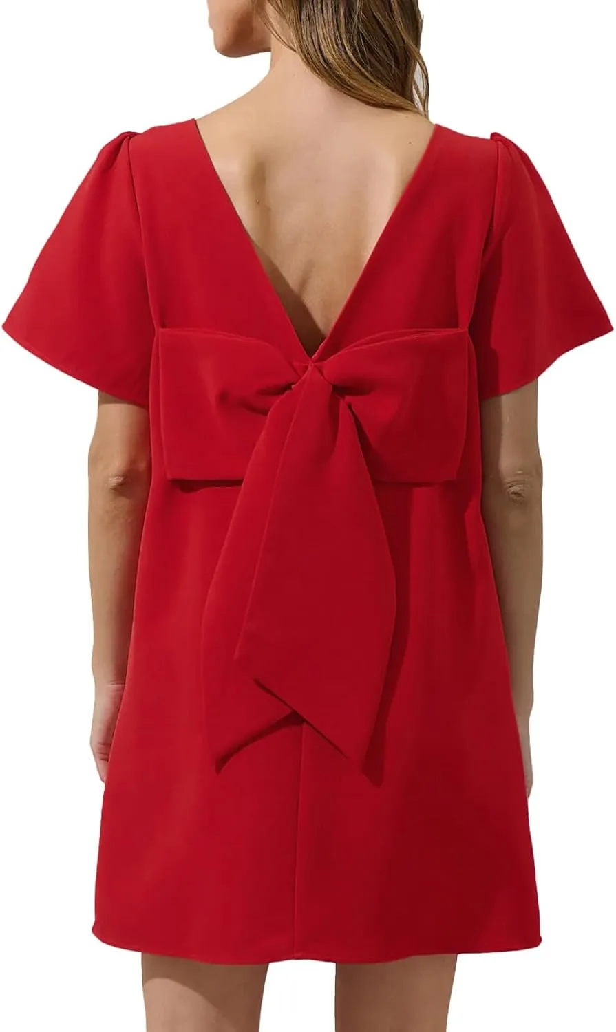 Kedera Women's Casual Mini Bow Dress Crew Neck Short Sleeves Loose Dresses Swing Solid Shift Dress with Pockets