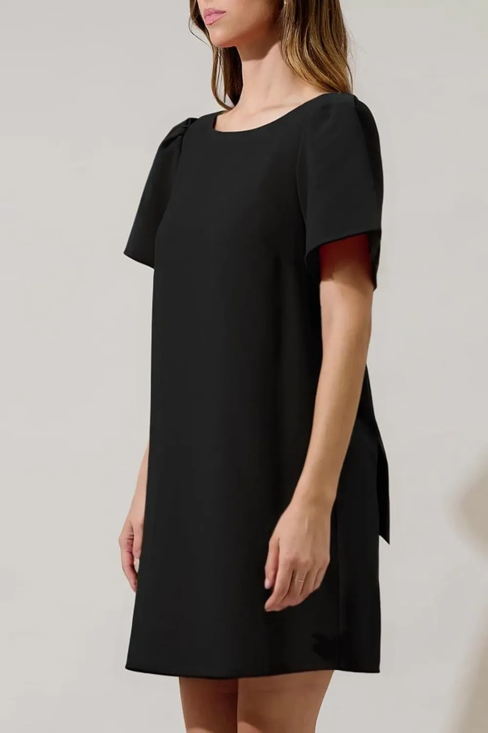 Kedera Women's Casual Mini Bow Dress Crew Neck Short Sleeves Loose Dresses Swing Solid Shift Dress with Pockets