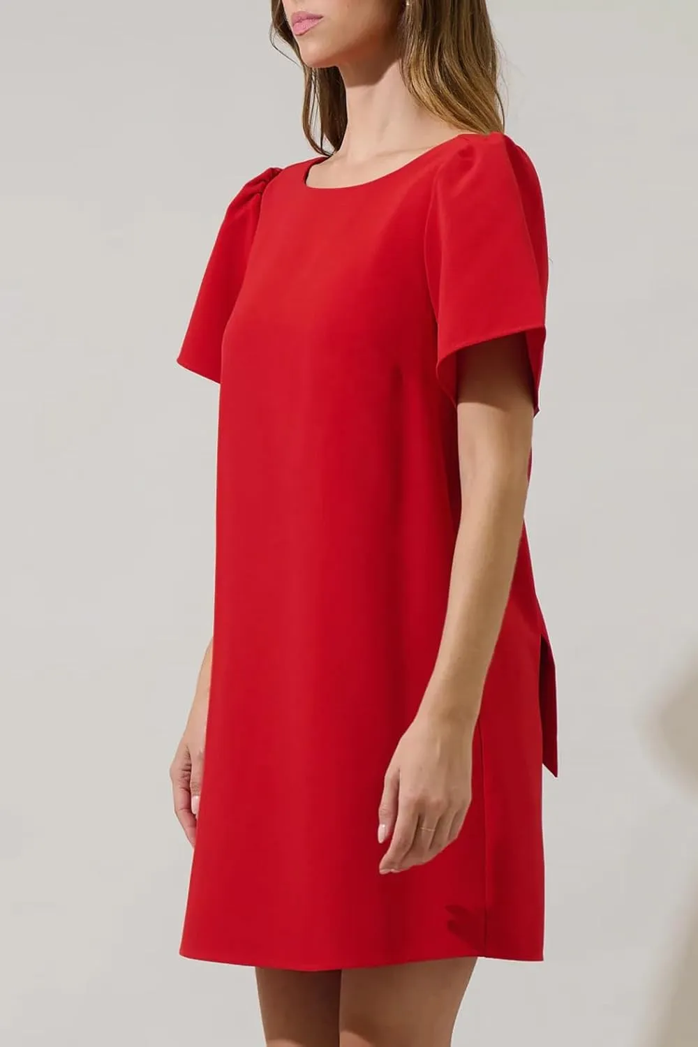 Kedera Women's Casual Mini Bow Dress Crew Neck Short Sleeves Loose Dresses Swing Solid Shift Dress with Pockets