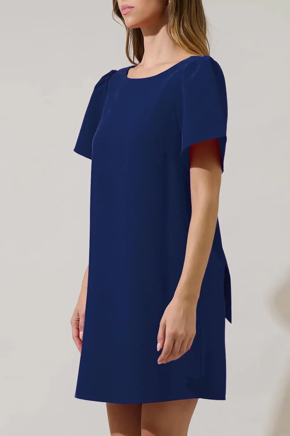 Kedera Women's Casual Mini Bow Dress Crew Neck Short Sleeves Loose Dresses Swing Solid Shift Dress with Pockets