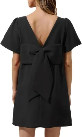 Kedera Women's Casual Mini Bow Dress Crew Neck Short Sleeves Loose Dresses Swing Solid Shift Dress with Pockets