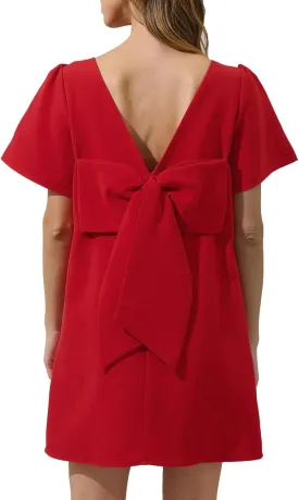 Kedera Women's Casual Mini Bow Dress Crew Neck Short Sleeves Loose Dresses Swing Solid Shift Dress with Pockets