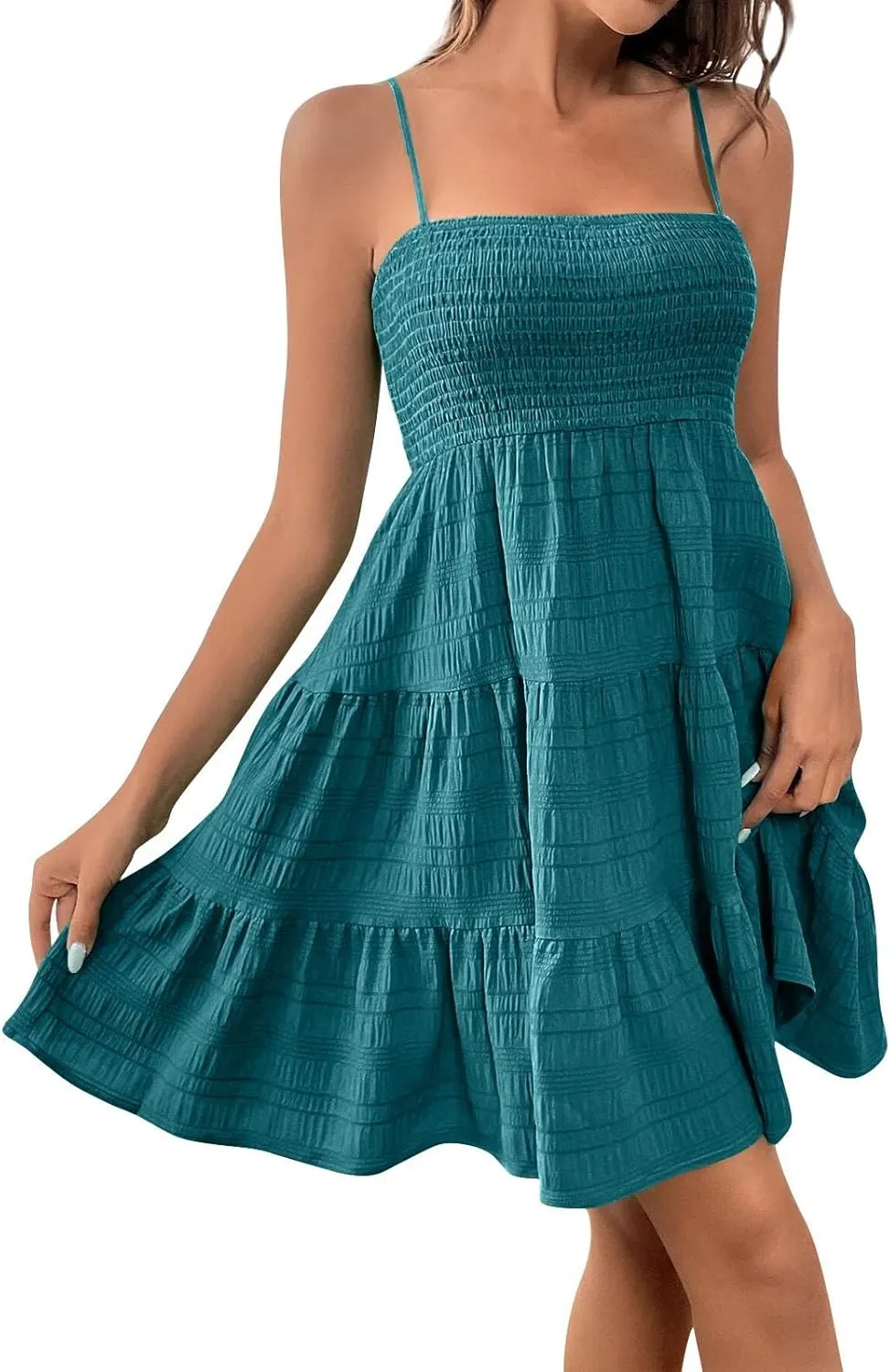 Kenvina Mini Sundresses for Women Smocked Square Neck Spaghetti Strap Skater Dress Summer Loose Comfy Tiered Ruffle Dress