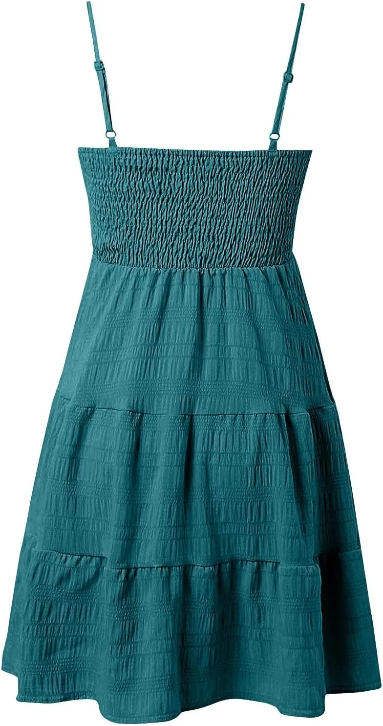 Kenvina Mini Sundresses for Women Smocked Square Neck Spaghetti Strap Skater Dress Summer Loose Comfy Tiered Ruffle Dress