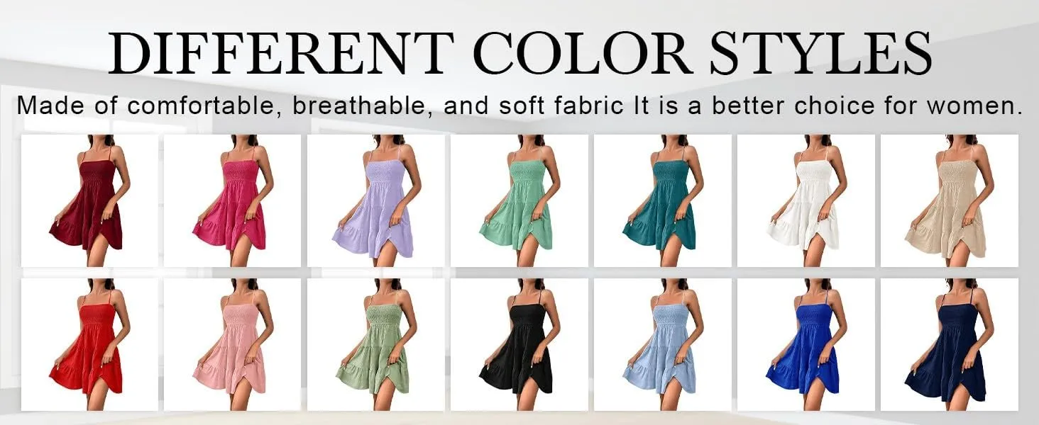 Kenvina Mini Sundresses for Women Smocked Square Neck Spaghetti Strap Skater Dress Summer Loose Comfy Tiered Ruffle Dress