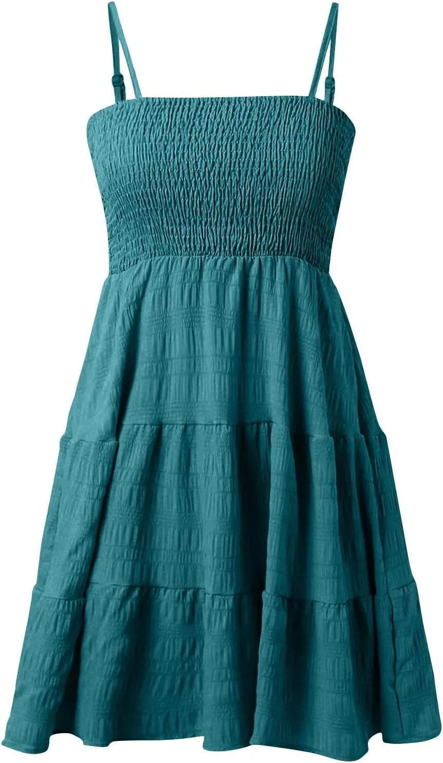 Kenvina Mini Sundresses for Women Smocked Square Neck Spaghetti Strap Skater Dress Summer Loose Comfy Tiered Ruffle Dress