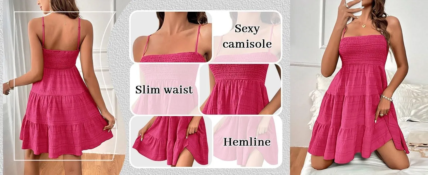 Kenvina Mini Sundresses for Women Smocked Square Neck Spaghetti Strap Skater Dress Summer Loose Comfy Tiered Ruffle Dress