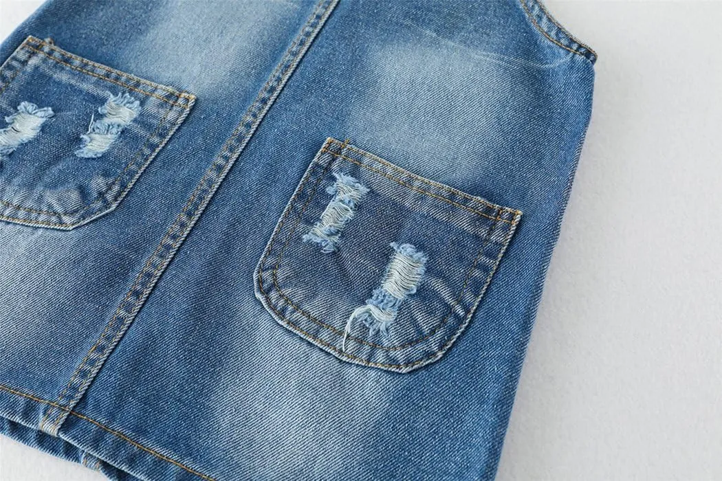 KIDSCOOL SPACE Girls Denim Overall Dress,Ripped Jeans Jumper