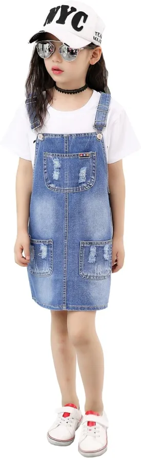 KIDSCOOL SPACE Girls Denim Overall Dress,Ripped Jeans Jumper