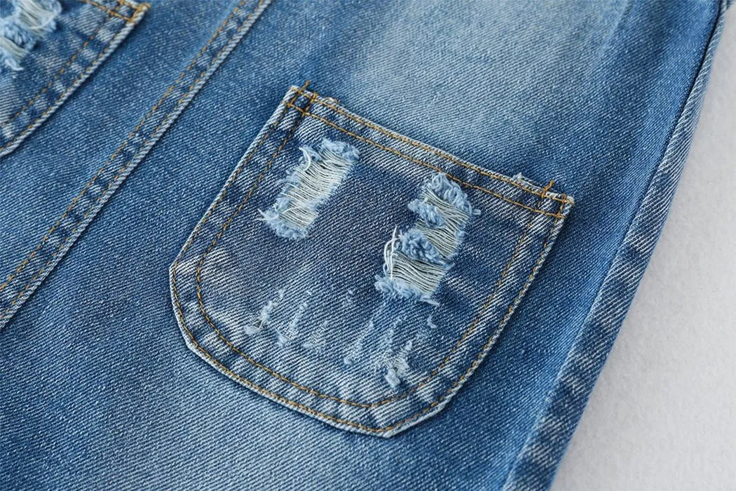 KIDSCOOL SPACE Girls Denim Overall Dress,Ripped Jeans Jumper