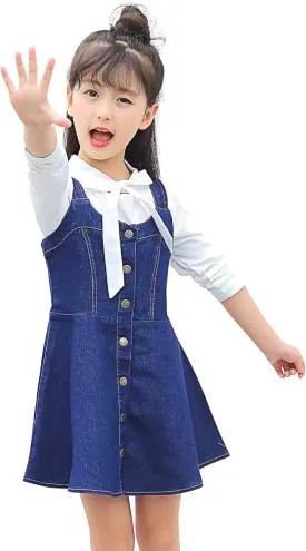 KIDSCOOL SPACE Girls Denim Overall Dress,Ripped Jeans Jumper