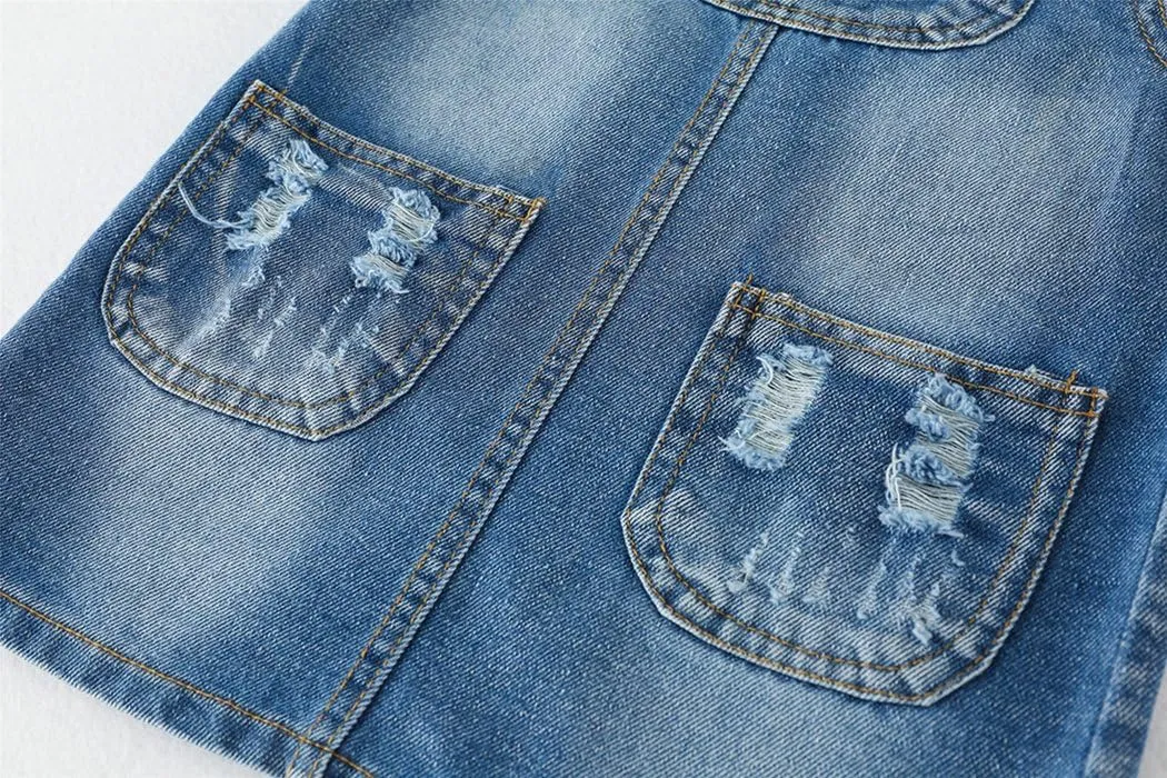 KIDSCOOL SPACE Girls Denim Overall Dress,Ripped Jeans Jumper