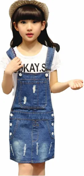 KIDSCOOL SPACE Girls Denim Overall Dress,Ripped Jeans Jumper