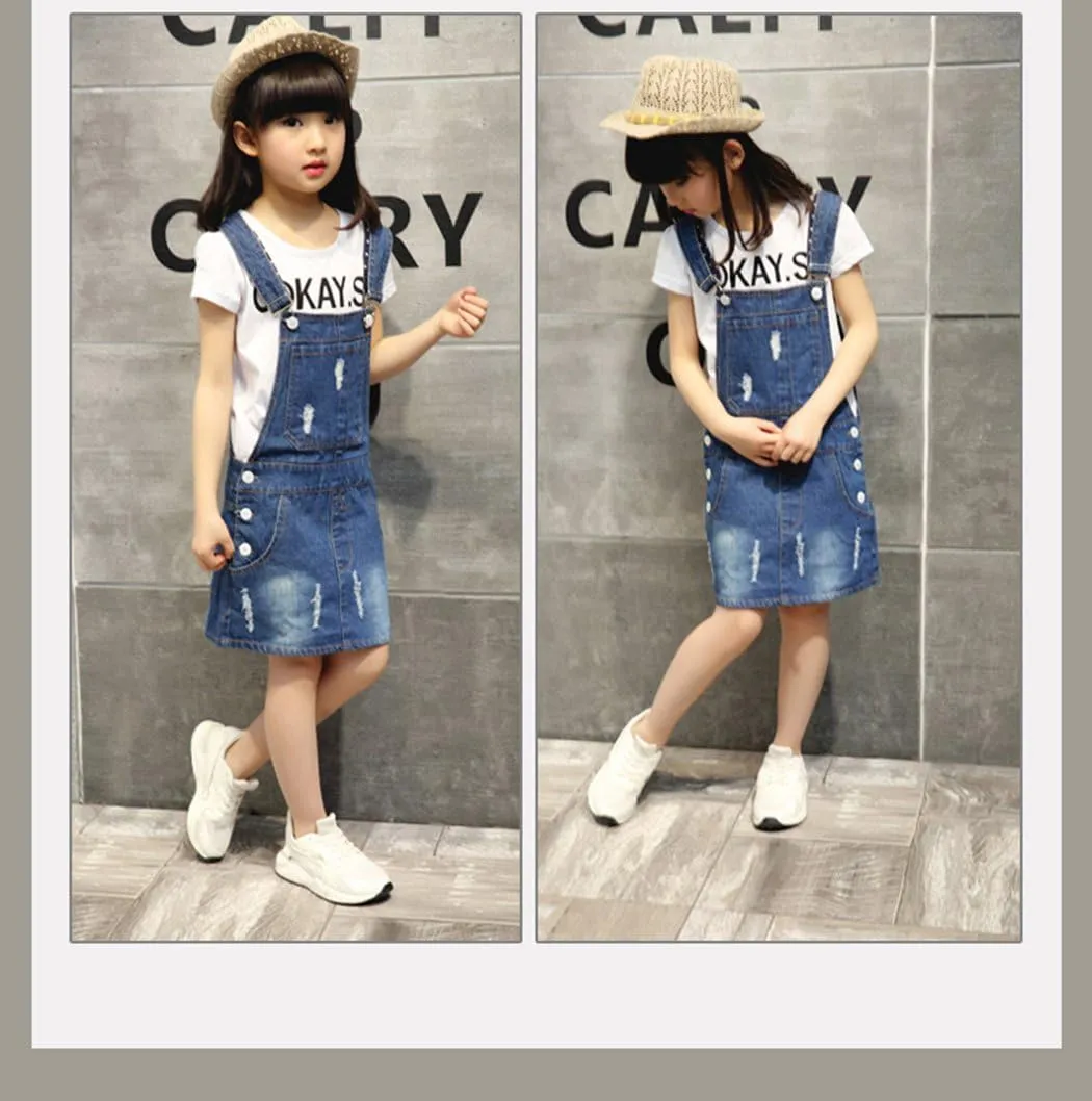 KIDSCOOL SPACE Girls Denim Overall Dress,Ripped Jeans Jumper