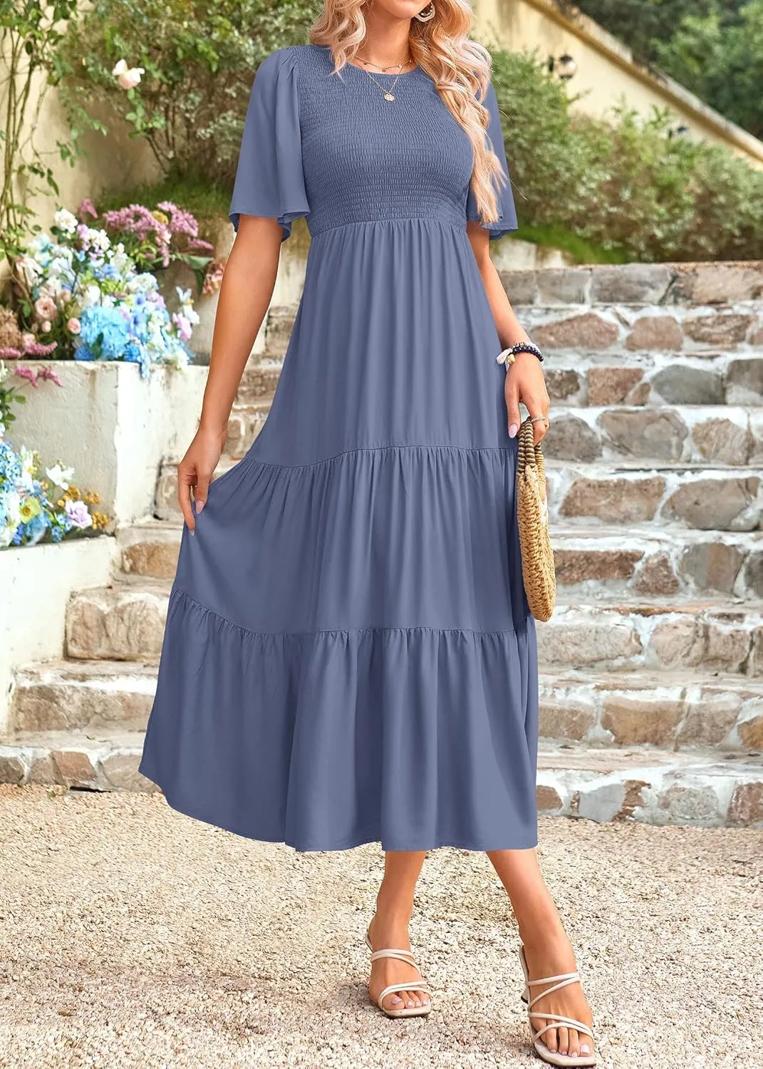 KIRUNDO Womens Fashion 2025 Spring Summer Casual Flutter Short Sleeve Midi Dress Smocked Tiered Aline Going Out Dresses
