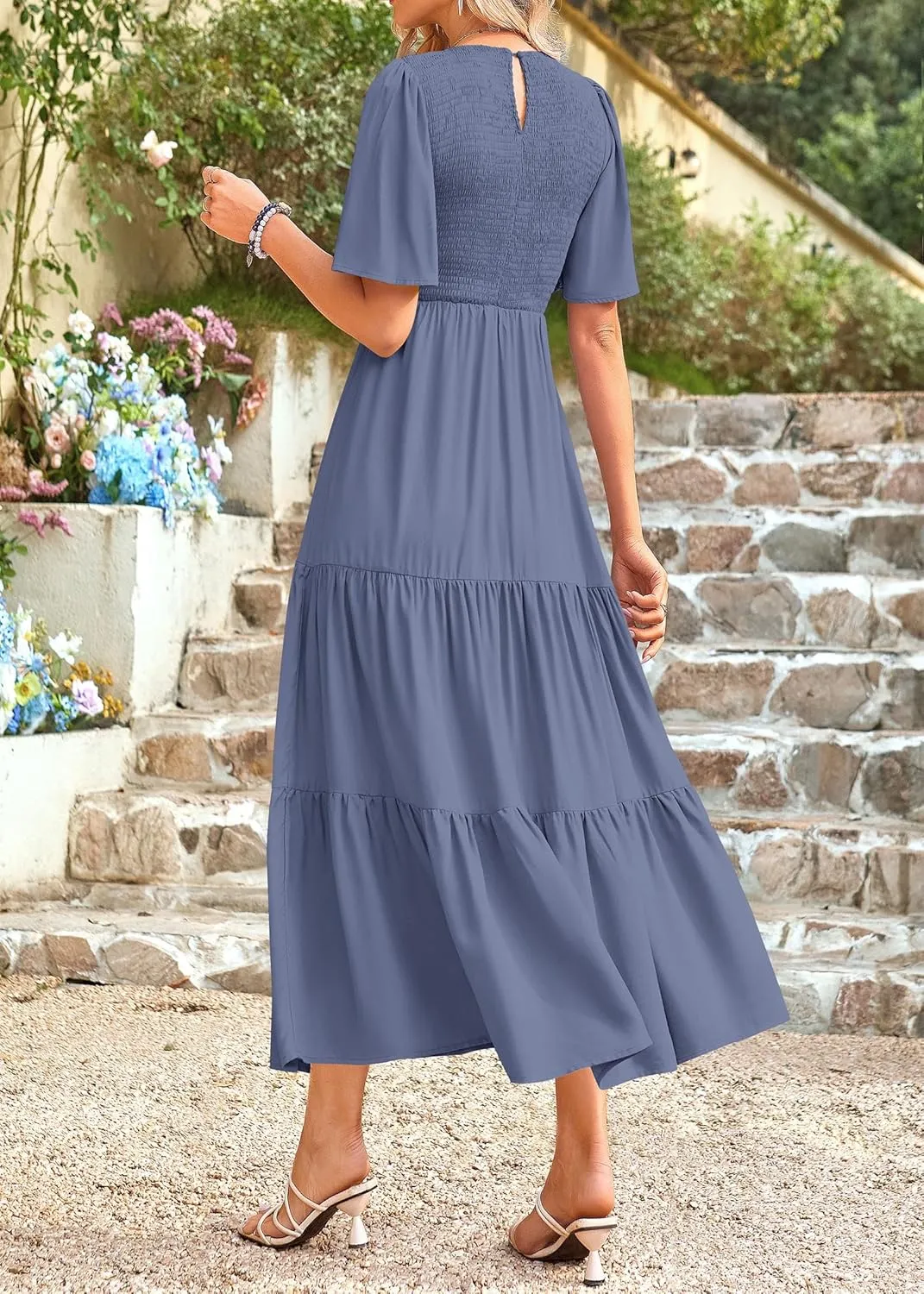 KIRUNDO Womens Fashion 2025 Spring Summer Casual Flutter Short Sleeve Midi Dress Smocked Tiered Aline Going Out Dresses