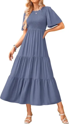 KIRUNDO Womens Fashion 2025 Spring Summer Casual Flutter Short Sleeve Midi Dress Smocked Tiered Aline Going Out Dresses
