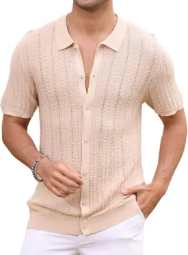 Knit Shirts for Men Vintage Short Sleeve Button Down Shirts Summer Stretch Fit Textured Beach Polo Tops