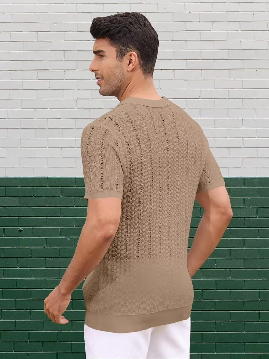 Knit Shirts for Men Vintage Short Sleeve Button Down Shirts Summer Stretch Fit Textured Beach Polo Tops