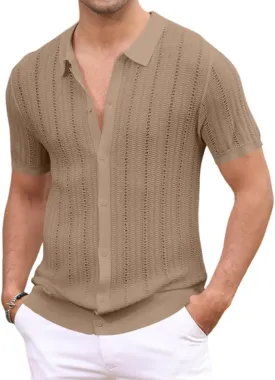Knit Shirts for Men Vintage Short Sleeve Button Down Shirts Summer Stretch Fit Textured Beach Polo Tops