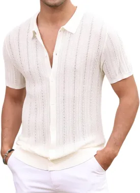 Knit Shirts for Men Vintage Short Sleeve Button Down Shirts Summer Stretch Fit Textured Beach Polo Tops