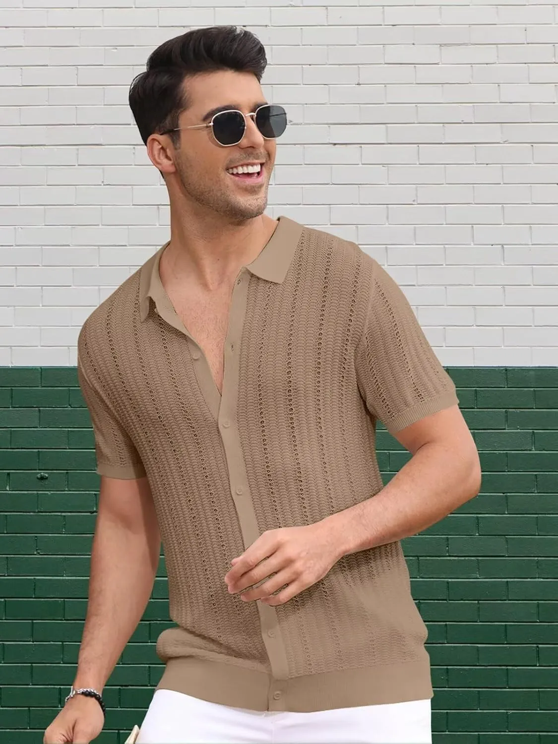 Knit Shirts for Men Vintage Short Sleeve Button Down Shirts Summer Stretch Fit Textured Beach Polo Tops