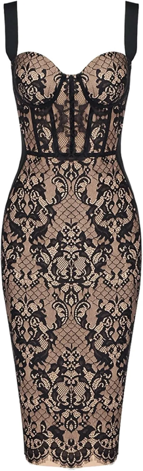 Lace Fishbone Midi Cocktail Party Bandage Dress for Women Back Slit Wedding Guest Dress