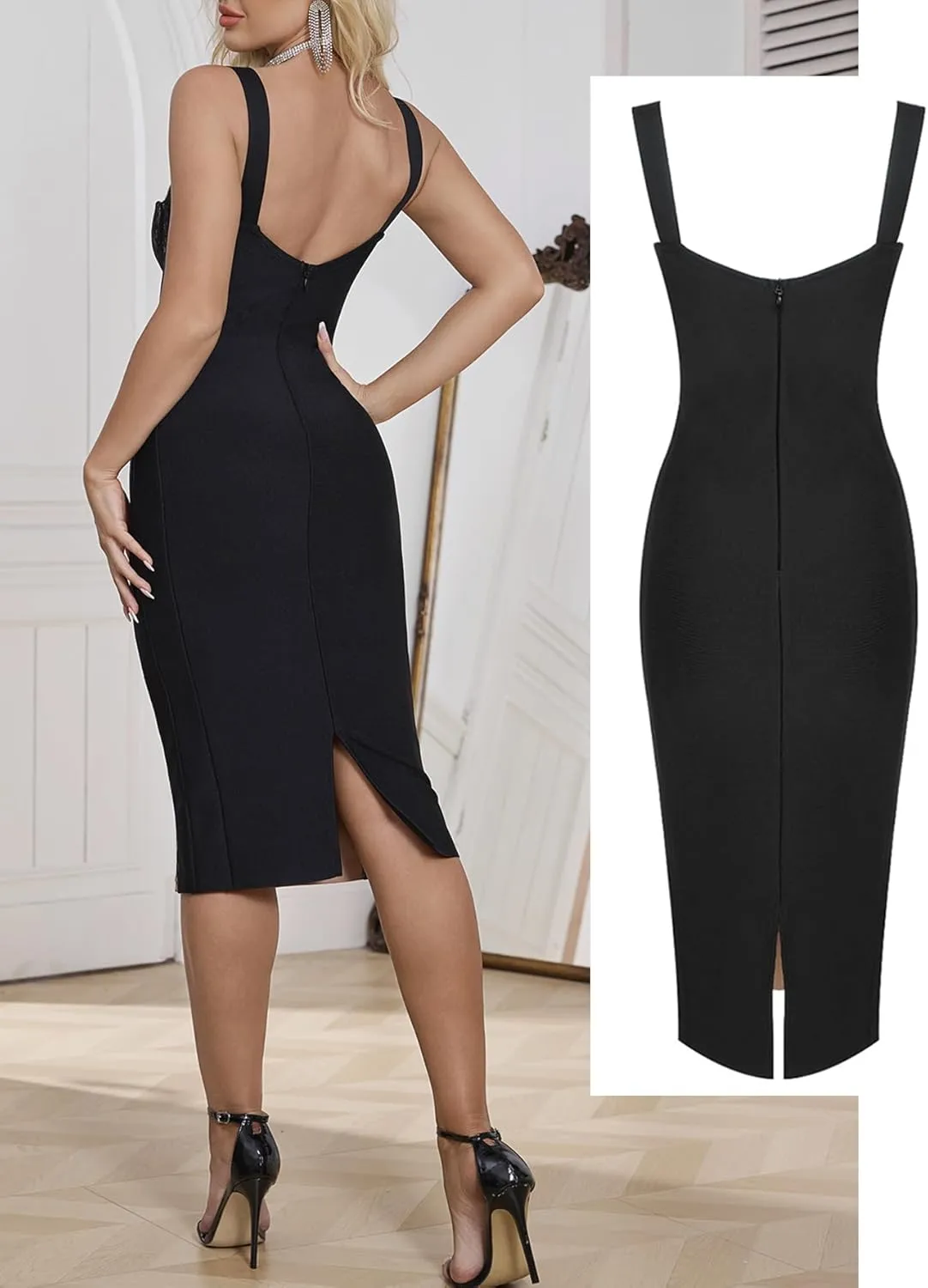 Lace Fishbone Midi Cocktail Party Bandage Dress for Women Back Slit Wedding Guest Dress