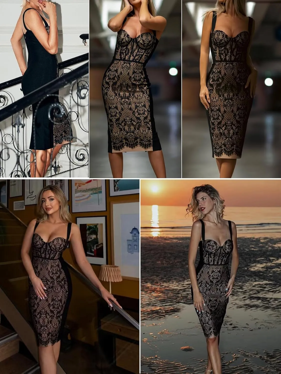 Lace Fishbone Midi Cocktail Party Bandage Dress for Women Back Slit Wedding Guest Dress