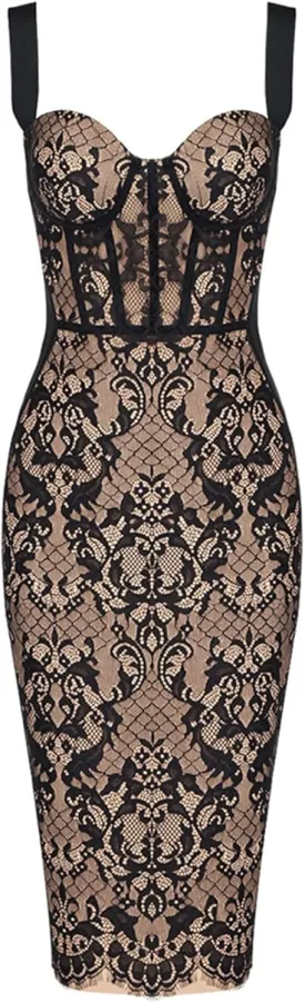 Lace Fishbone Midi Cocktail Party Bandage Dress for Women Back Slit Wedding Guest Dress