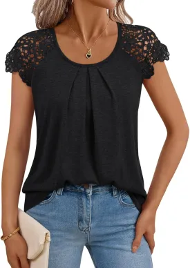 LILLUSORY Lace Short Sleeve Shirts Womens Summer Crew Neck Tops Casual Dressy Tshirt Blouses