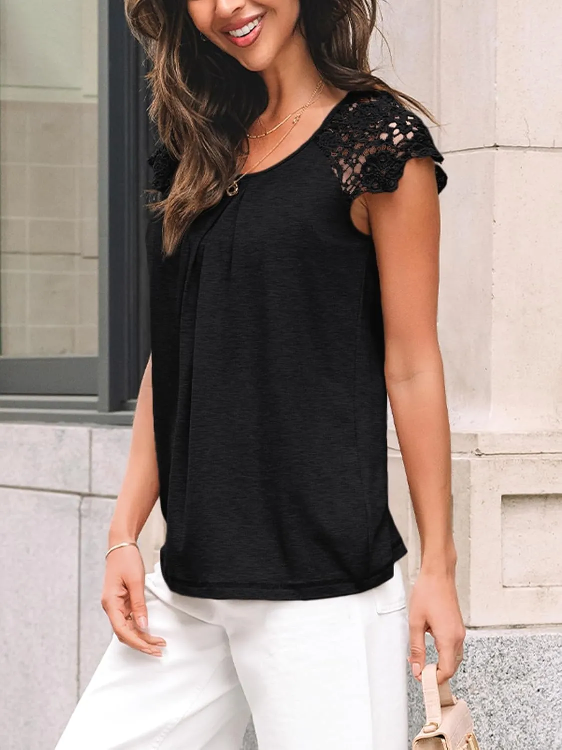 LILLUSORY Lace Short Sleeve Shirts Womens Summer Crew Neck Tops Casual Dressy Tshirt Blouses