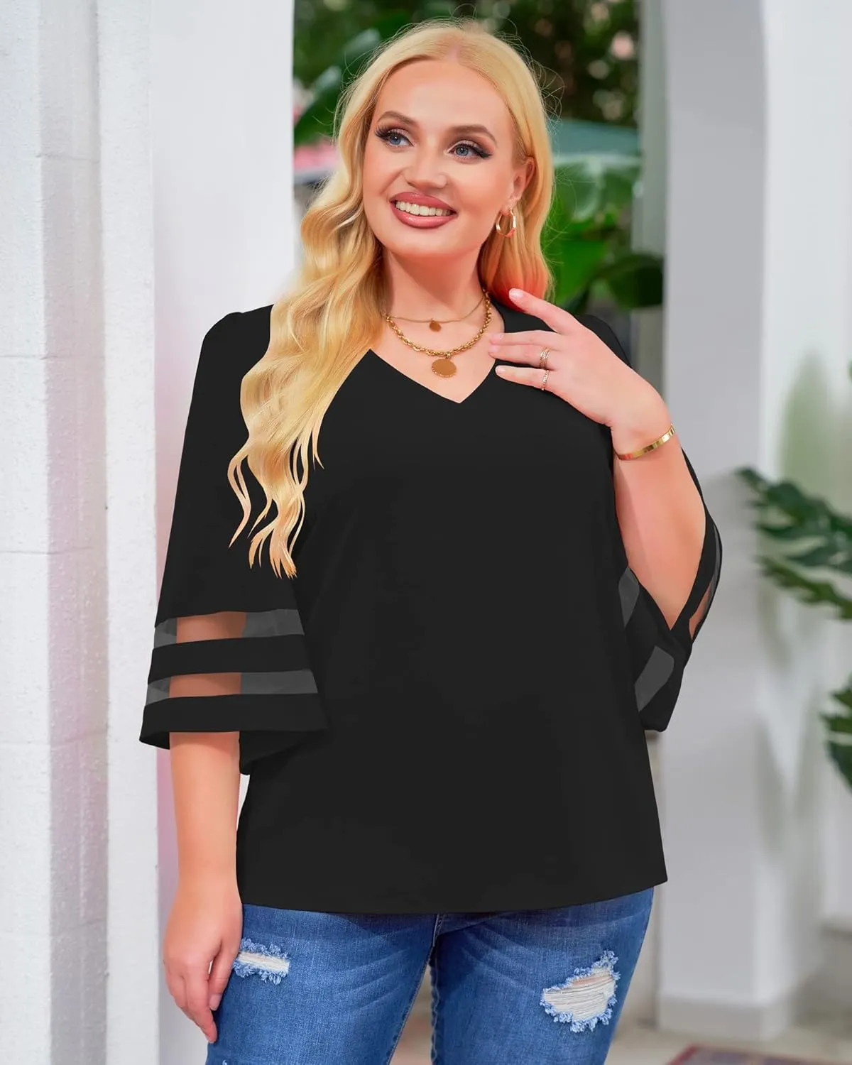 LookbookStore Women's V Neck Mesh Panel Blouse 3/4 Bell Sleeve Loose Top Shirt