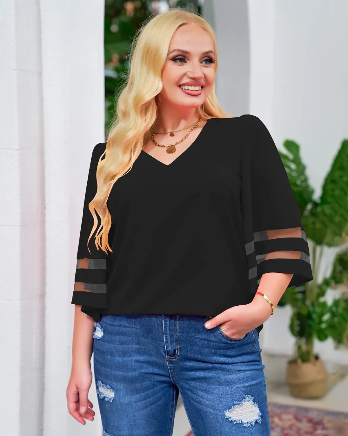 LookbookStore Women's V Neck Mesh Panel Blouse 3/4 Bell Sleeve Loose Top Shirt