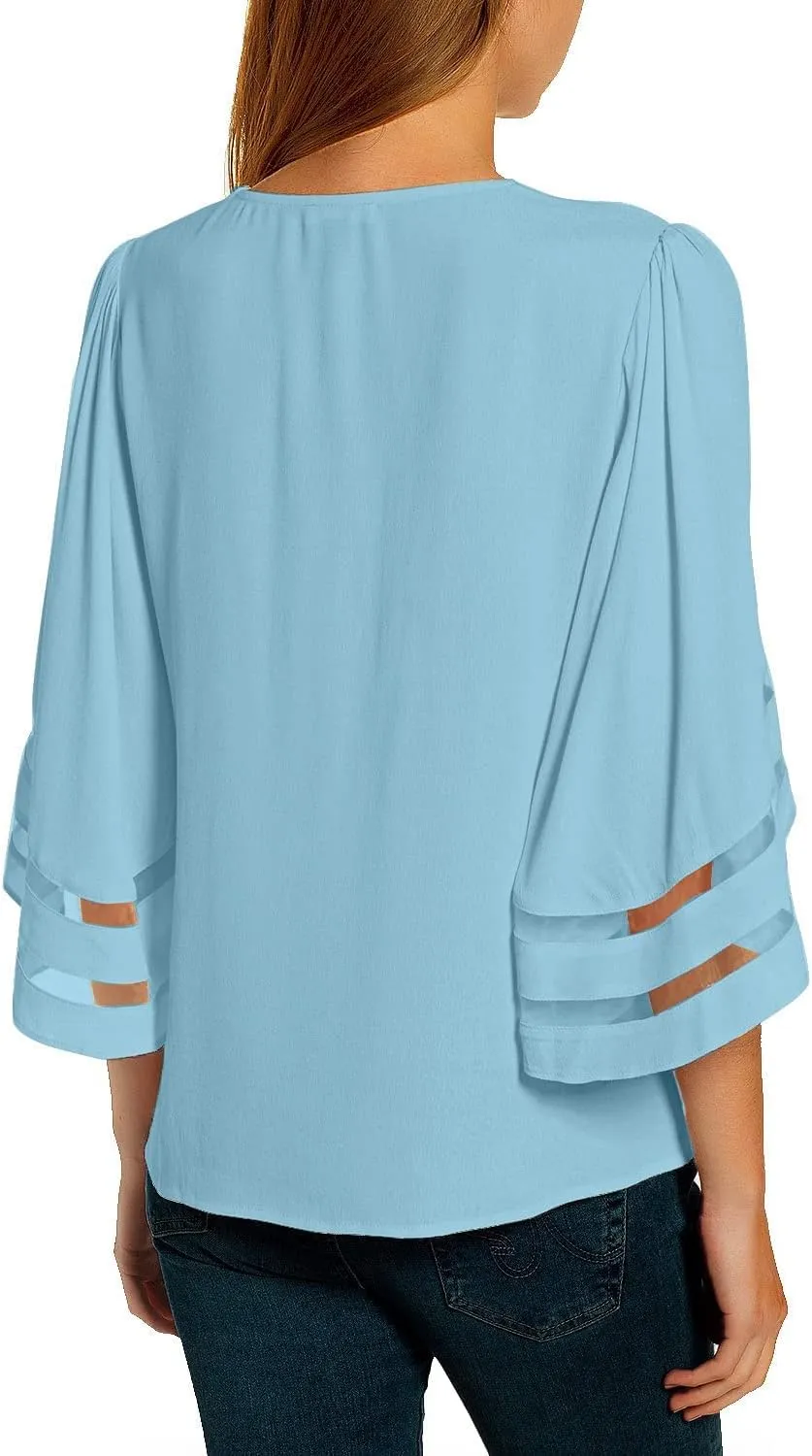 LookbookStore Women's V Neck Mesh Panel Blouse 3/4 Bell Sleeve Loose Top Shirt