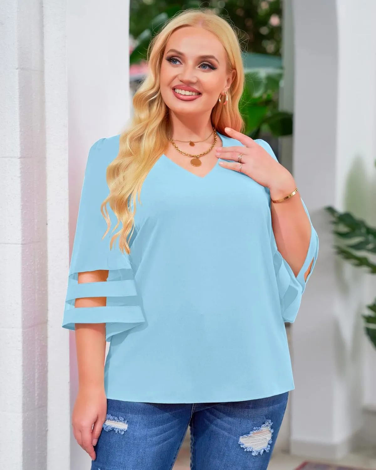 LookbookStore Women's V Neck Mesh Panel Blouse 3/4 Bell Sleeve Loose Top Shirt