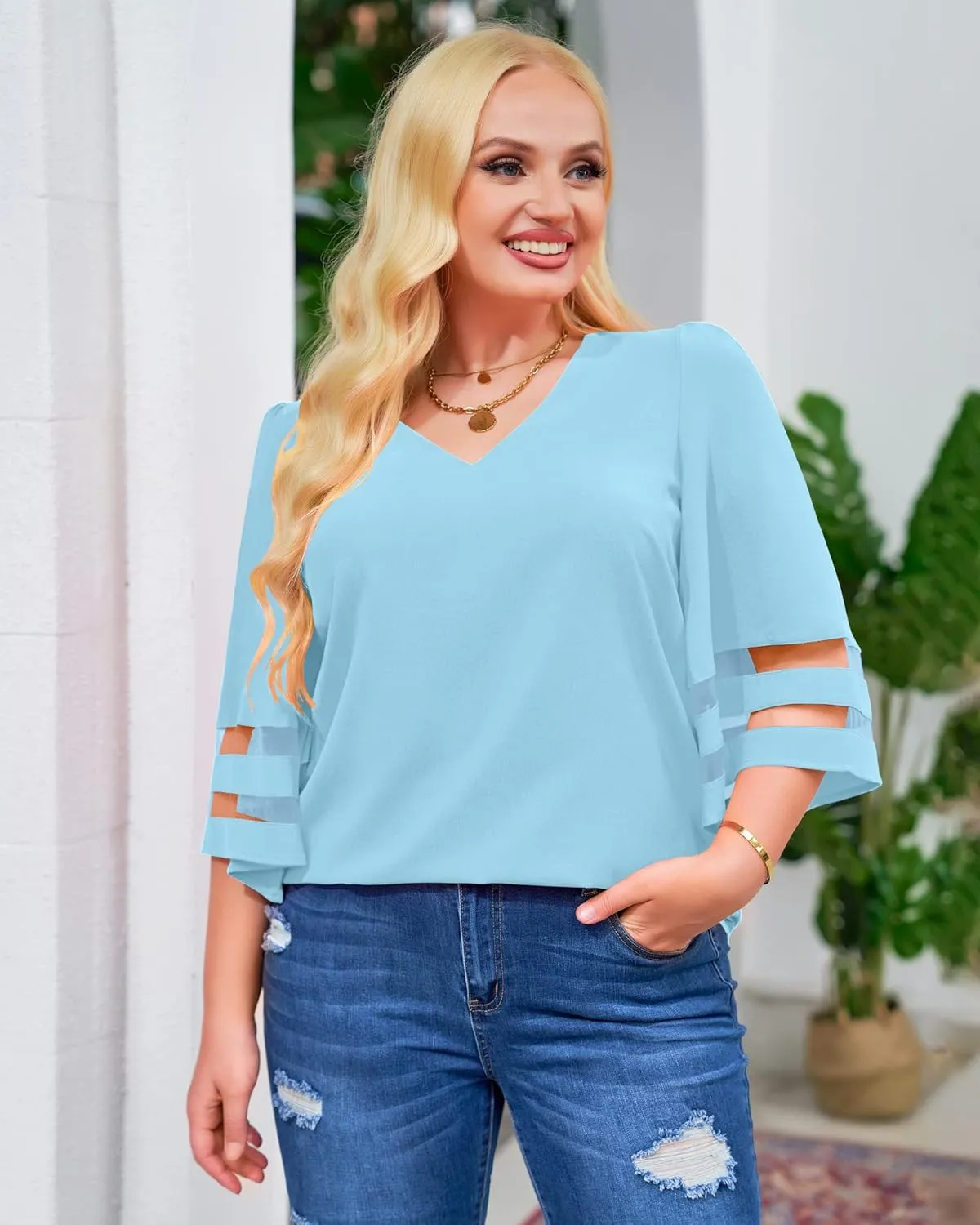 LookbookStore Women's V Neck Mesh Panel Blouse 3/4 Bell Sleeve Loose Top Shirt