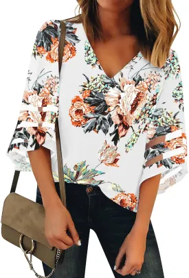LookbookStore Women's V Neck Mesh Panel Blouse 3/4 Bell Sleeve Loose Top Shirt