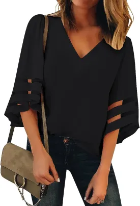 LookbookStore Women's V Neck Mesh Panel Blouse 3/4 Bell Sleeve Loose Top Shirt