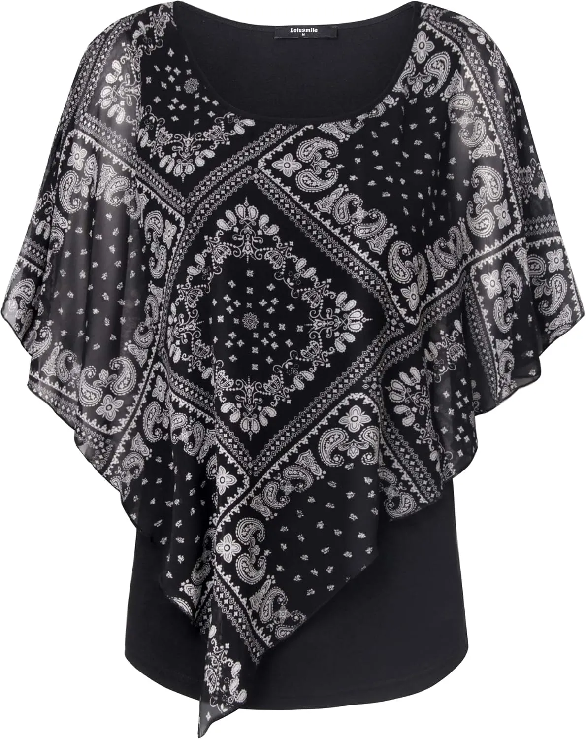 Lotusmile Women's Lightweight Flowy Shirt Double-Layered Printed Chiffon Poncho Blouse Top