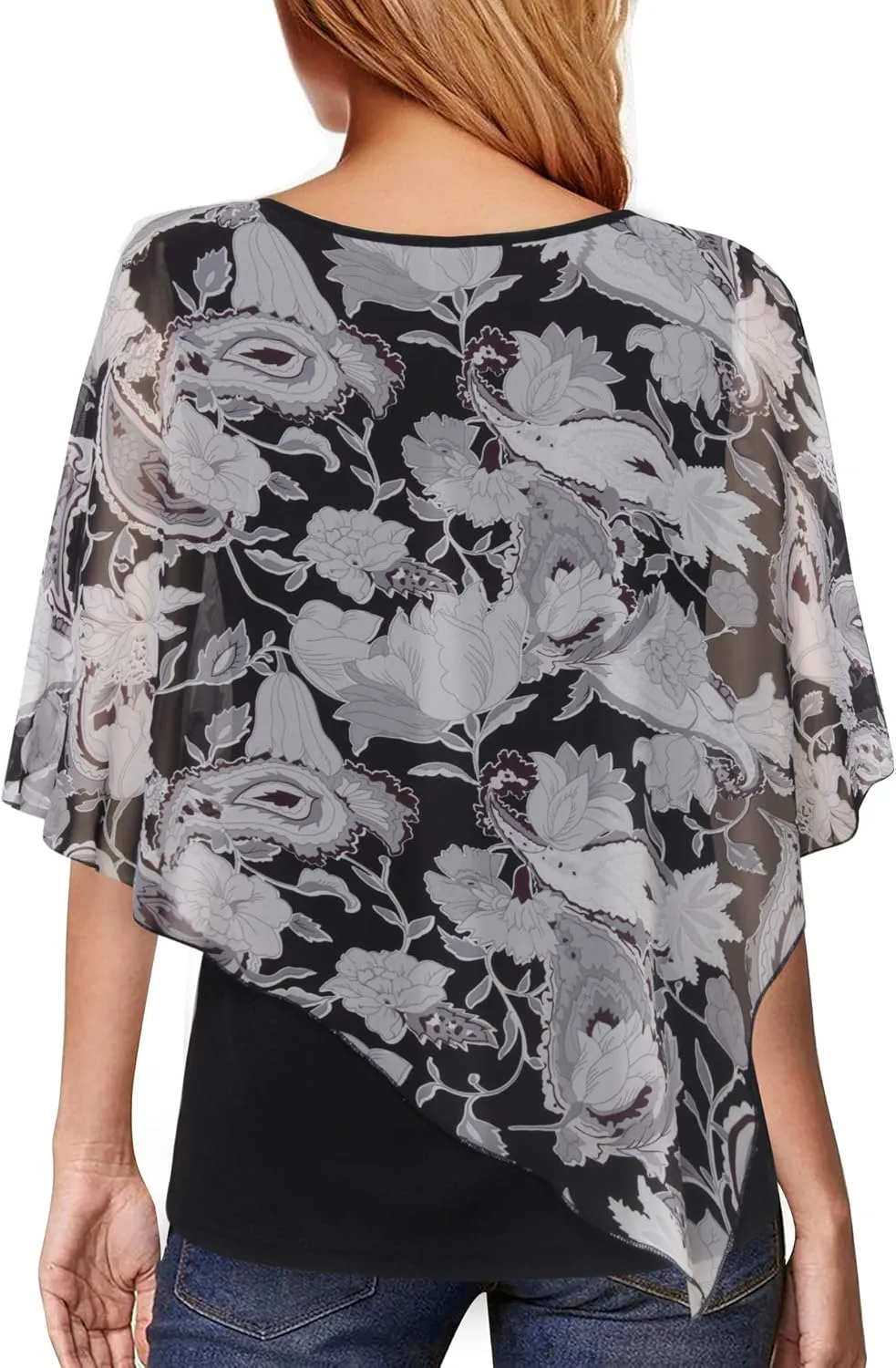 Lotusmile Women's Lightweight Flowy Shirt Double-Layered Printed Chiffon Poncho Blouse Top