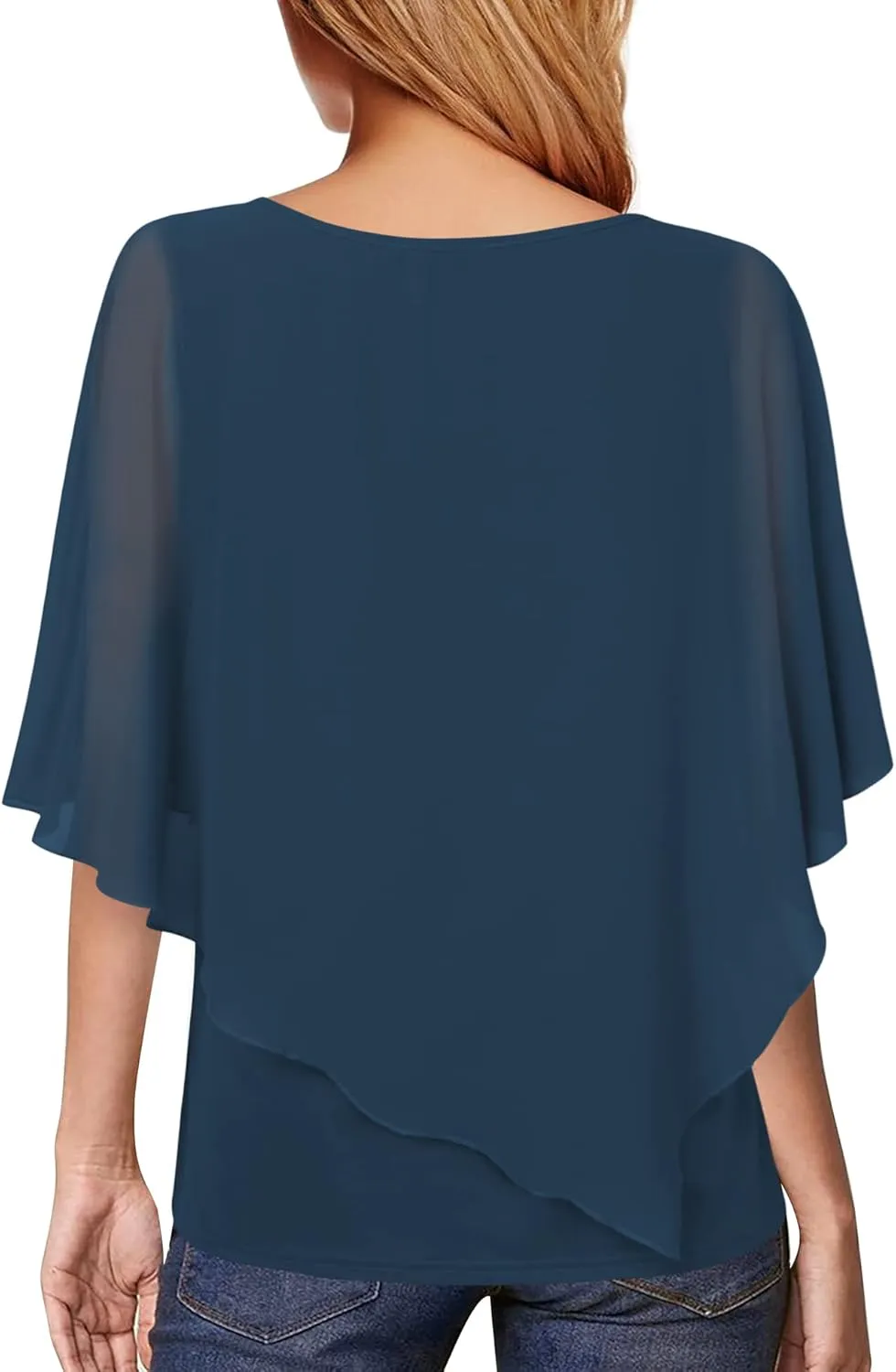 Lotusmile Women's Lightweight Flowy Shirt Double-Layered Printed Chiffon Poncho Blouse Top