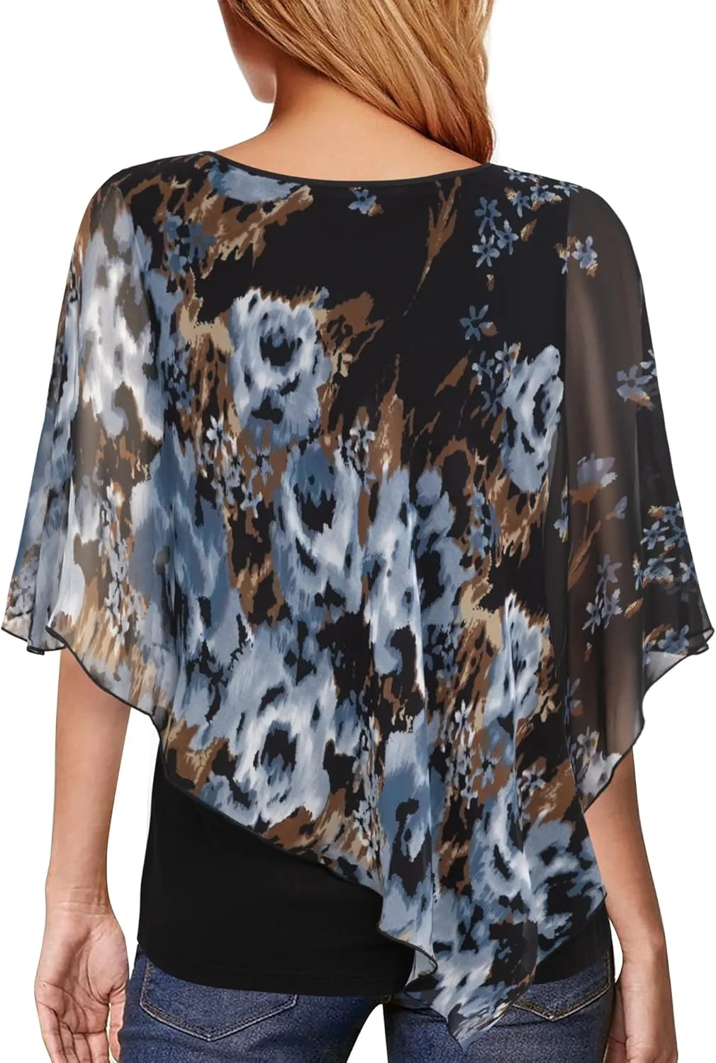 Lotusmile Women's Lightweight Flowy Shirt Double-Layered Printed Chiffon Poncho Blouse Top