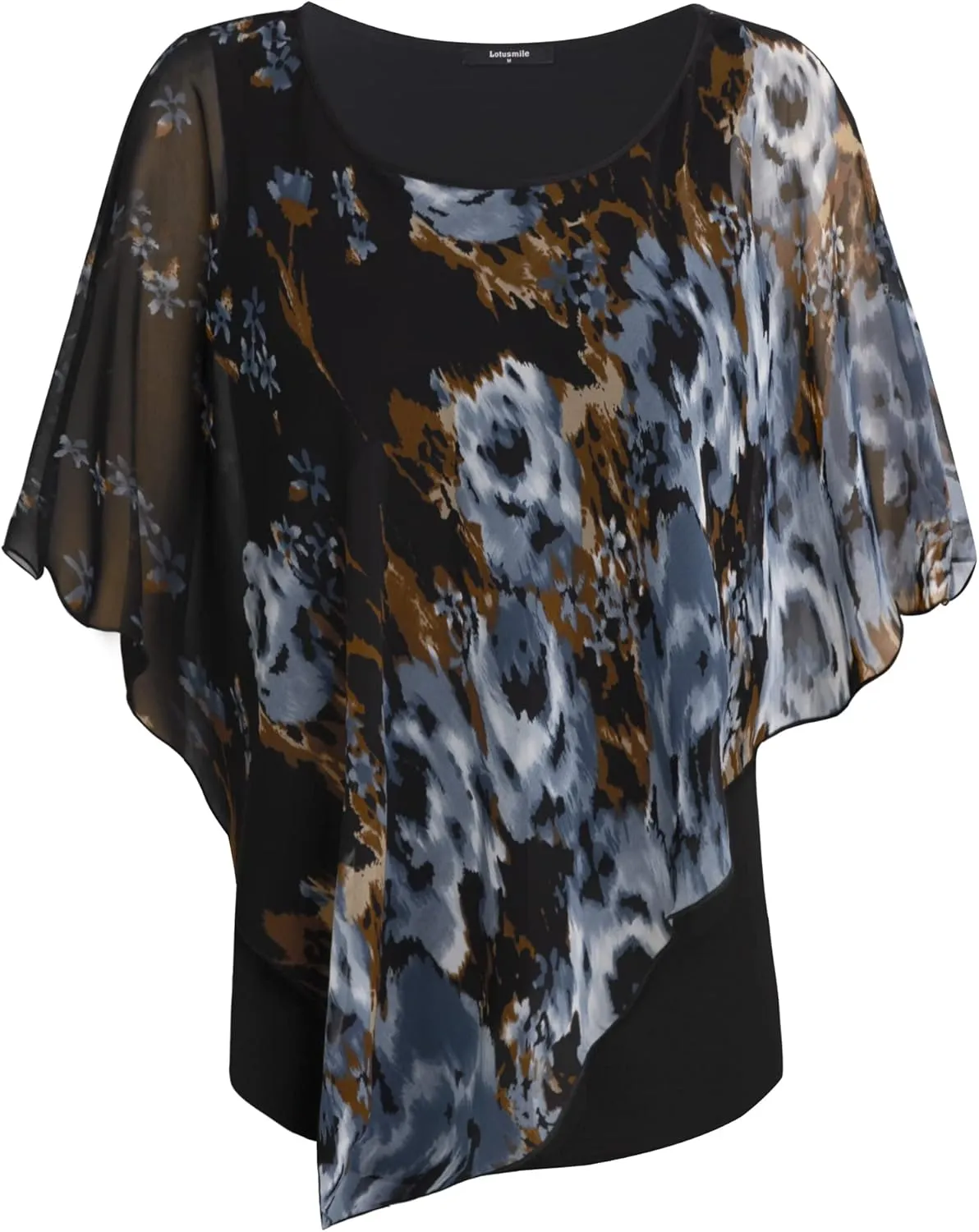 Lotusmile Women's Lightweight Flowy Shirt Double-Layered Printed Chiffon Poncho Blouse Top