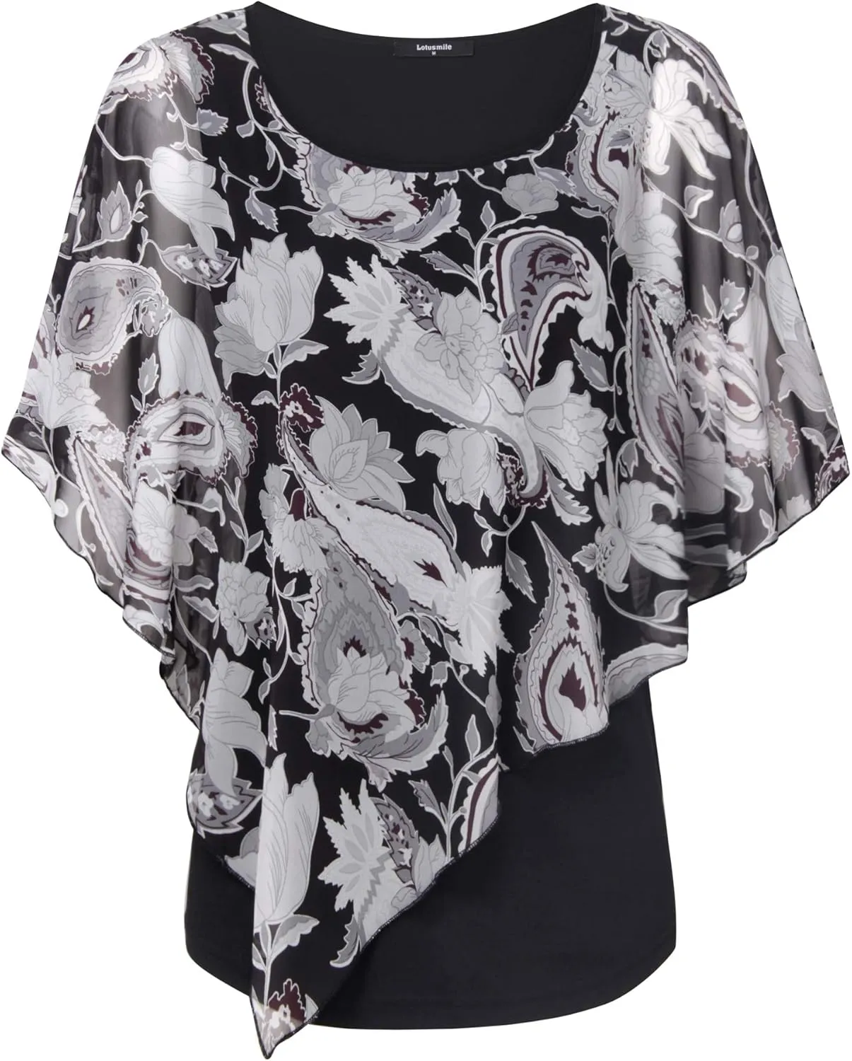 Lotusmile Women's Lightweight Flowy Shirt Double-Layered Printed Chiffon Poncho Blouse Top