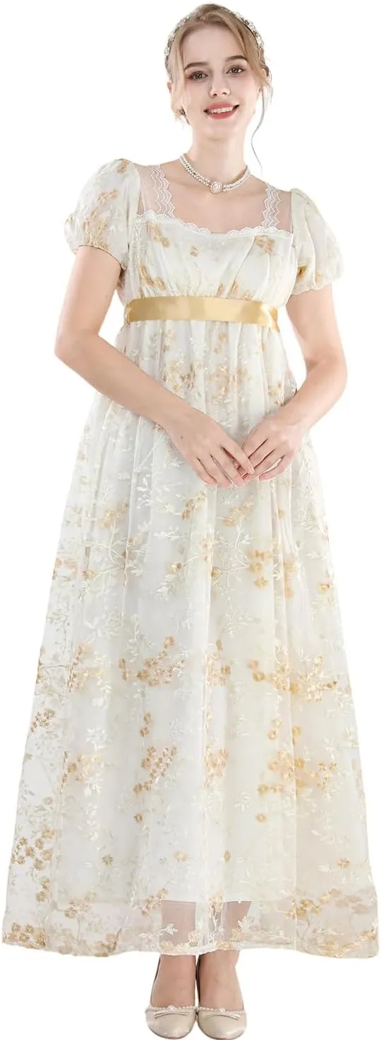 LTAKK Regency Dress Women Regency Costume Empire Waist Dresses Tea Party Victorian Gown Embroidery