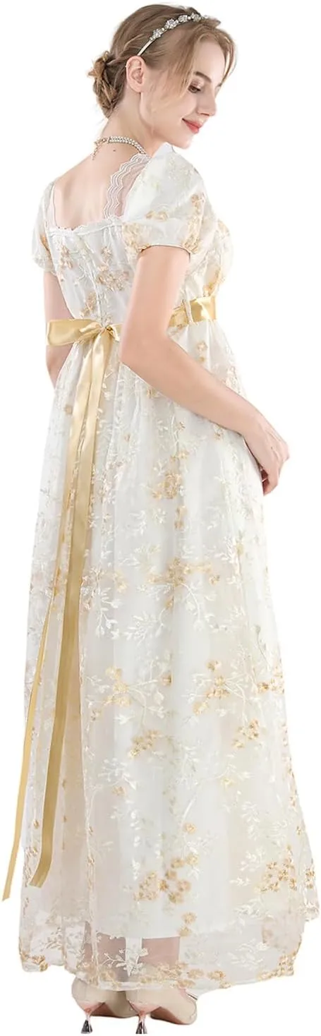 LTAKK Regency Dress Women Regency Costume Empire Waist Dresses Tea Party Victorian Gown Embroidery